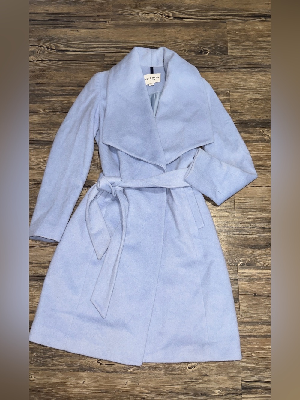 Cole Haan Pale Blue Shawl Collar Wool-Blend Coat